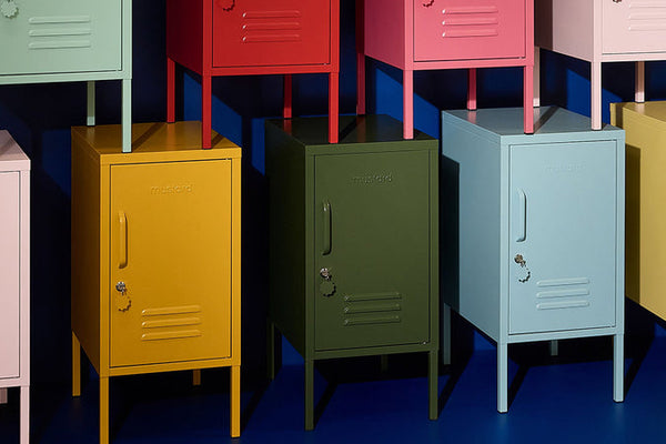 Mustard Made lockers styled in a room, showing the colour range