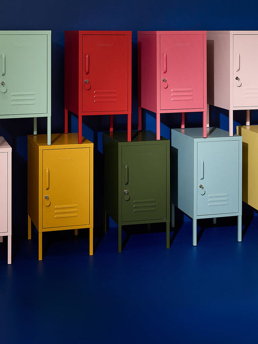 Mustard Made lockers styled in a room, showing the colour range