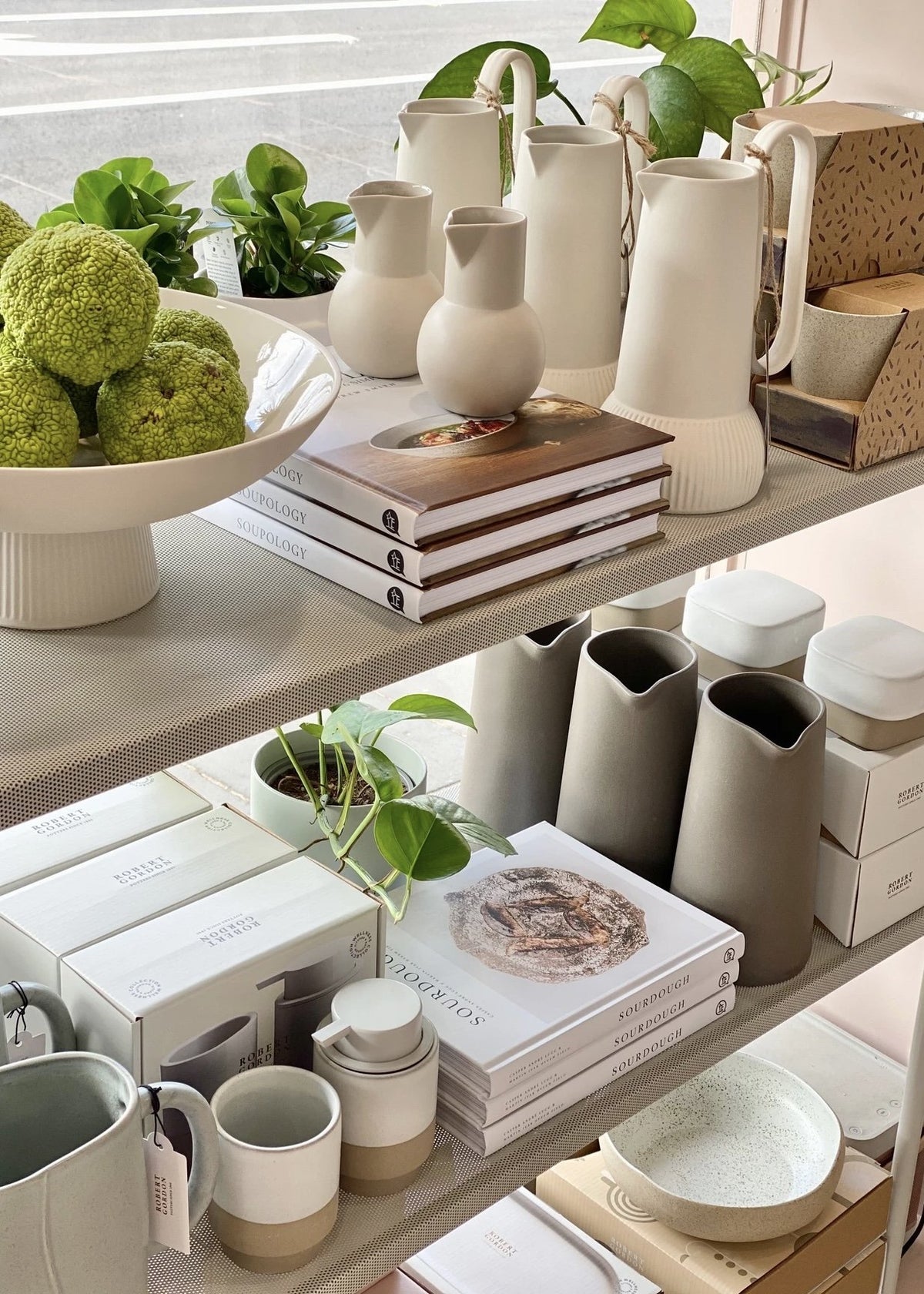 Minimalist white ceramic pitchers and vases with green plants on shelves from Robert Gordon range