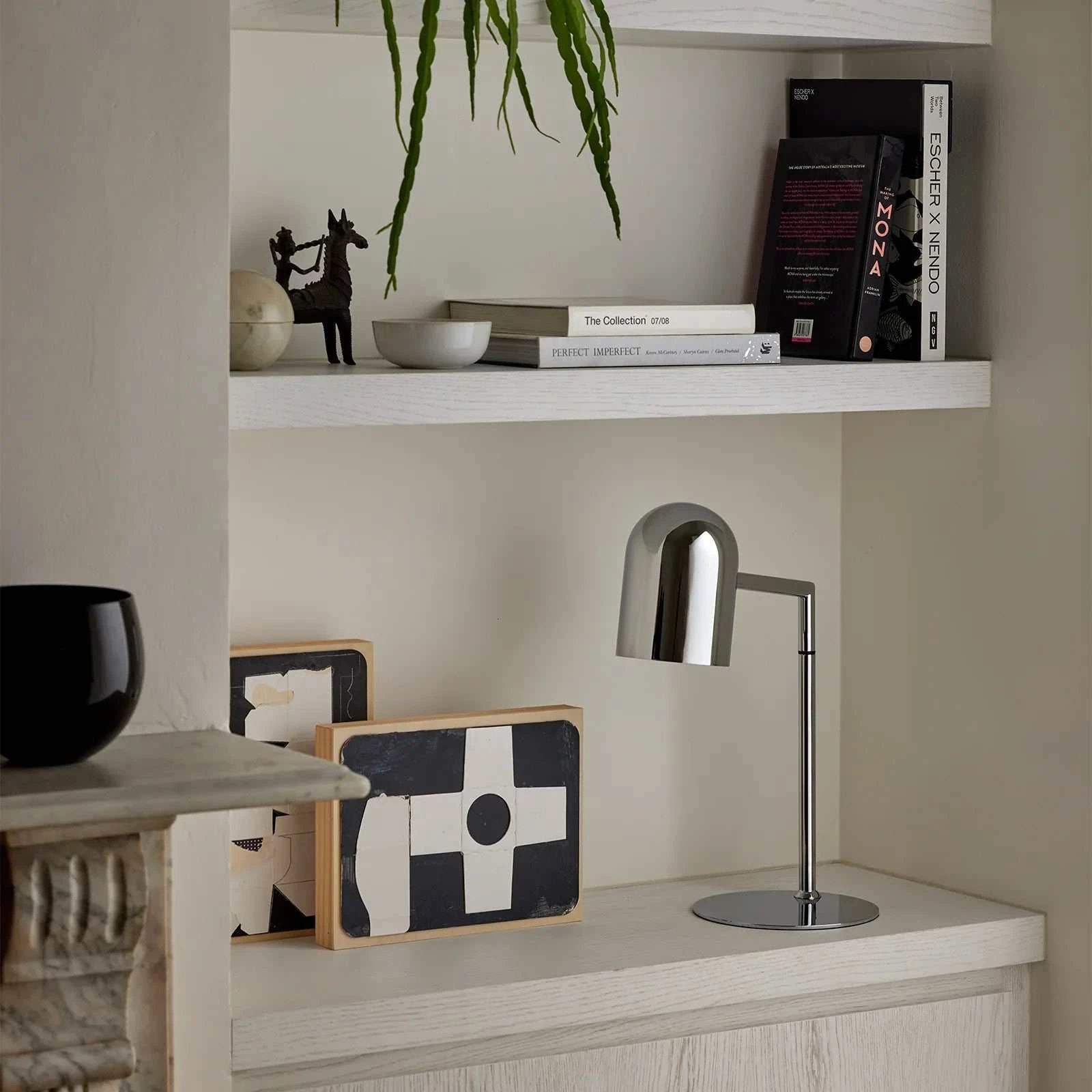 Pia Desk Lamp polished chrome modern design on desk with cordline switch and E27 bulb socket