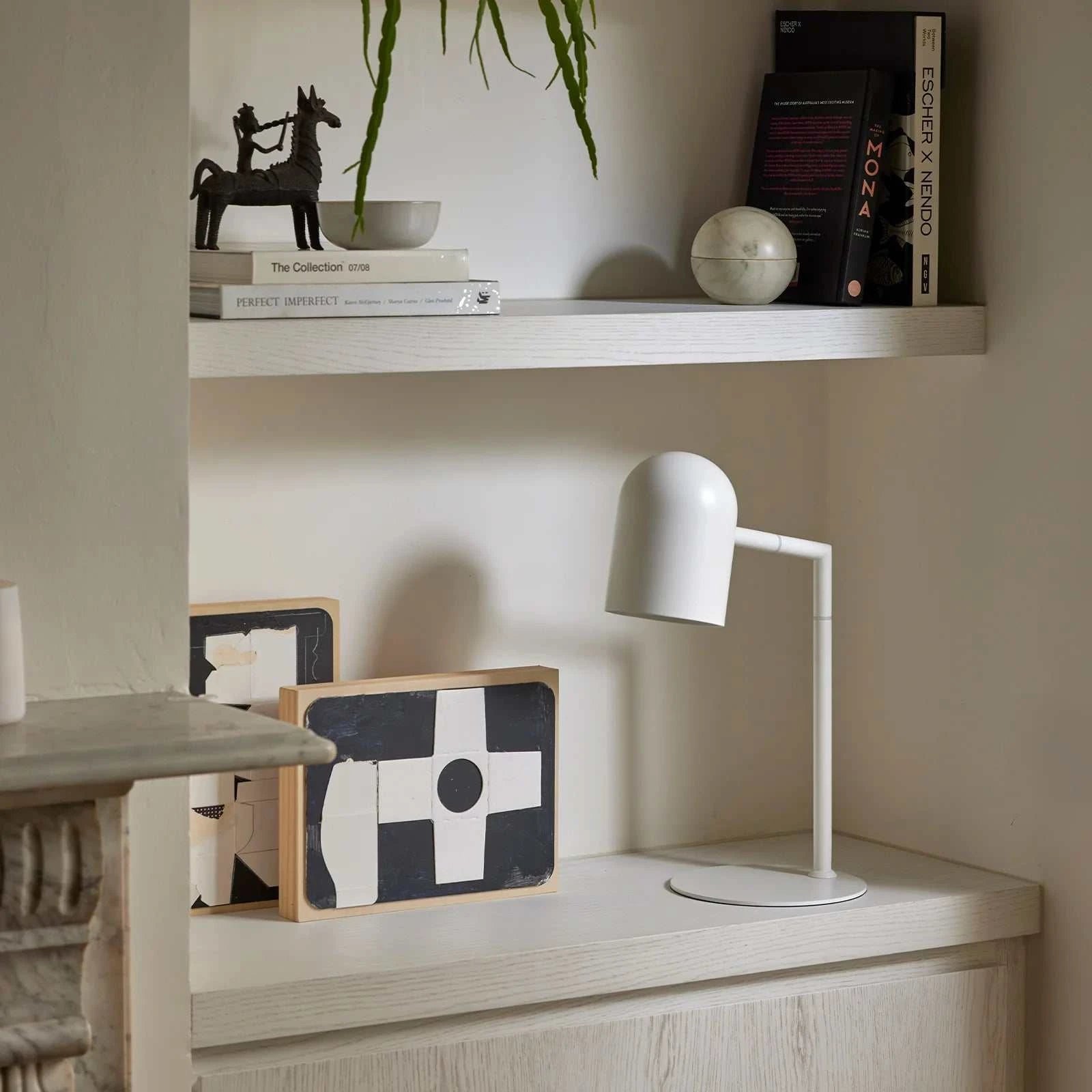 White Pia Task Lamp with modern design and E27 bulb socket for desk or bedroom lighting