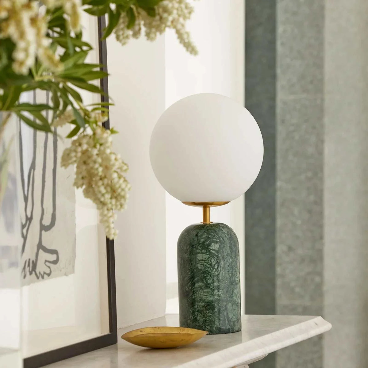 Soren Desk Lamp in green marble with brass accents and frosted glass shade