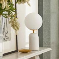 Soren Desk Lamp in white marble with brass base and frosted glass shade