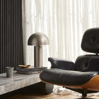 Ore Table Lamp brushed nickel with cylindrical base and domed shade in modern minimalist design