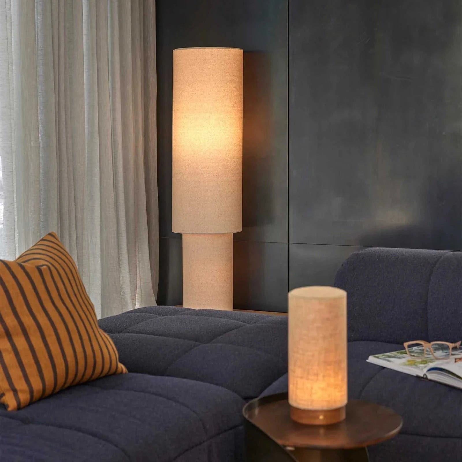 Sable Floor Lamp with linen shade and double-cylinder silhouette providing soft, diffused light