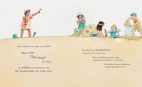 Children building sandcastles on the beach from the illustrated book Castle Crashing by Andrea Rowe