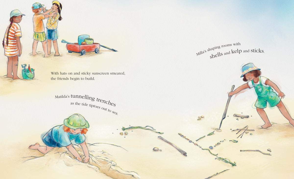 Children building sandcastles on the beach with shells, kelp, and sticks illustrating scenes from Castle Crashing by Andrea Rowe