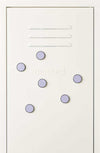 Lilac Mustard Made magnetic buttons set of six on white locker door