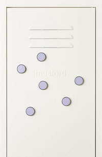 Lilac Mustard Made magnetic buttons set of six on white locker door