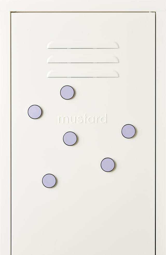 Lilac Mustard Made magnetic buttons set of six on white locker door