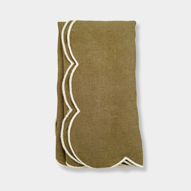 norsu Studio Linen scallop-edged olive napkin with oatmeal edge, set of 4, 100% linen, 50x50 cm