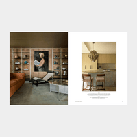 Two-page spread from Arent & Pyke's Interiors Beyond the Primary Palette showcasing sophisticated living and kitchen spaces with warm earthy tones and elegant design elements.
