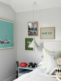 Modern bedroom wall art featuring customizable prints with numbers and colors, designed to add personality and style to the space.