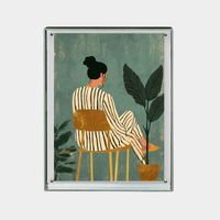 Digital download printable artwork of a woman sitting on a chair with plants on a green textured background