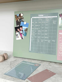 Sky blue magnet meal planner on fridge with photos and notes, A4 weekly menu organizer for healthy meals