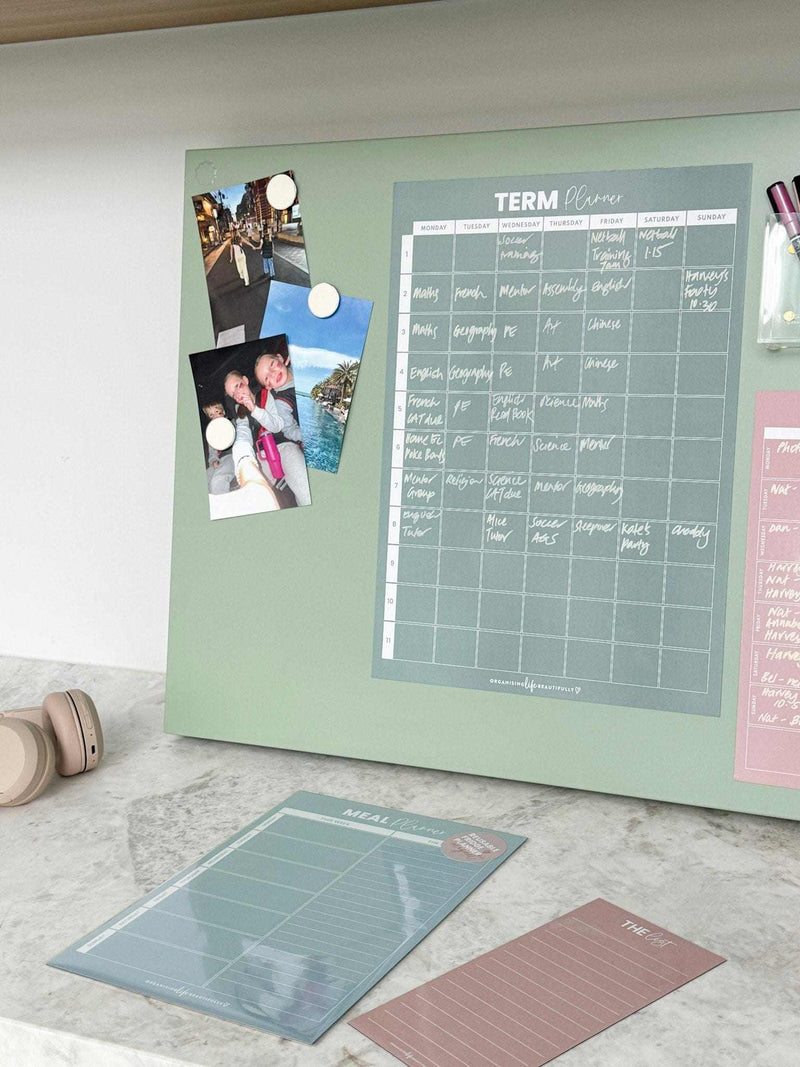 Sky blue magnet meal planner on fridge with photos and notes, A4 weekly menu organizer for healthy meals