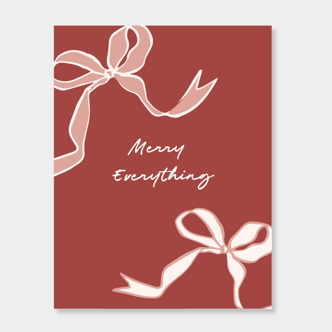 norsu STUDIO Christmas Card with burgundy background and white bow design, "Merry Everything" text, premium matte finish, 11x14 cm size