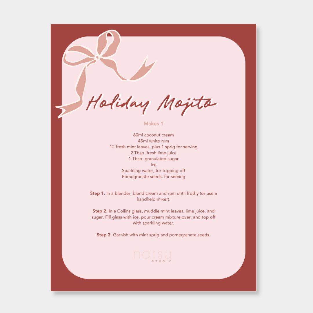 norsu STUDIO Christmas Card with burgundy bow and holiday mojito recipe on pink background