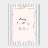 norsu STUDIO Christmas Card with "Merry Everything" text and gift illustration on striped background