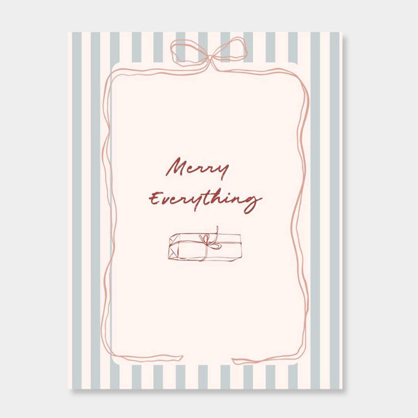 norsu STUDIO Christmas Card with "Merry Everything" text and gift illustration on striped background