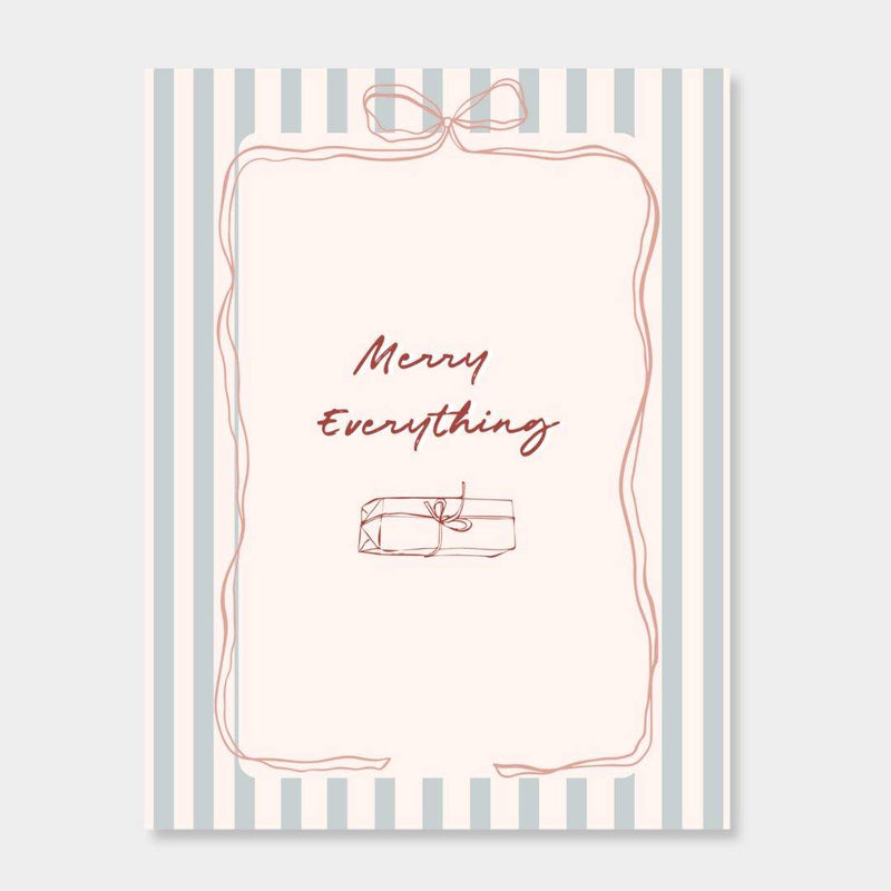 norsu STUDIO Christmas Card with "Merry Everything" text and gift illustration on striped background
