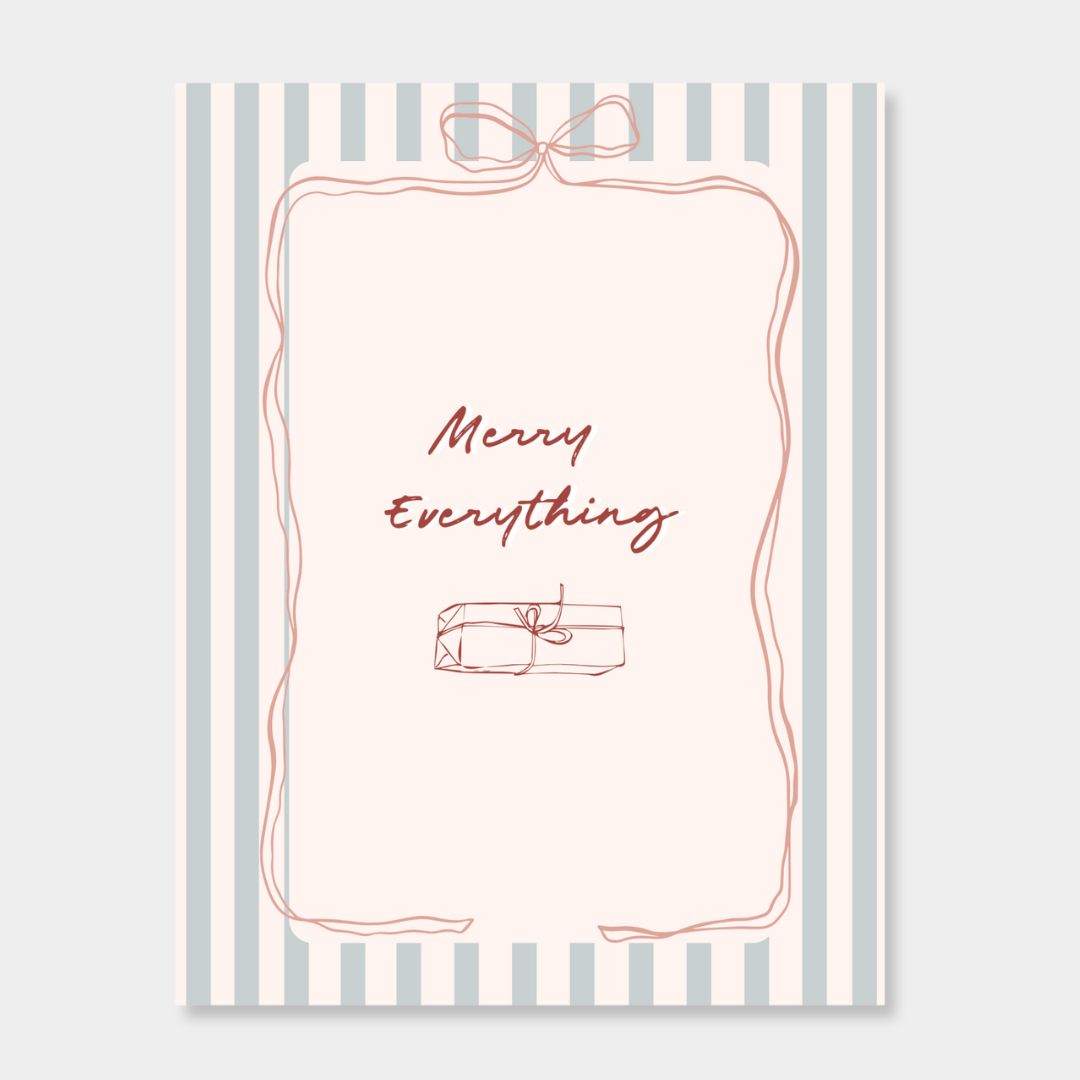 norsu STUDIO Christmas card with striped border, "Merry Everything" text, and gift illustration on premium matte stock