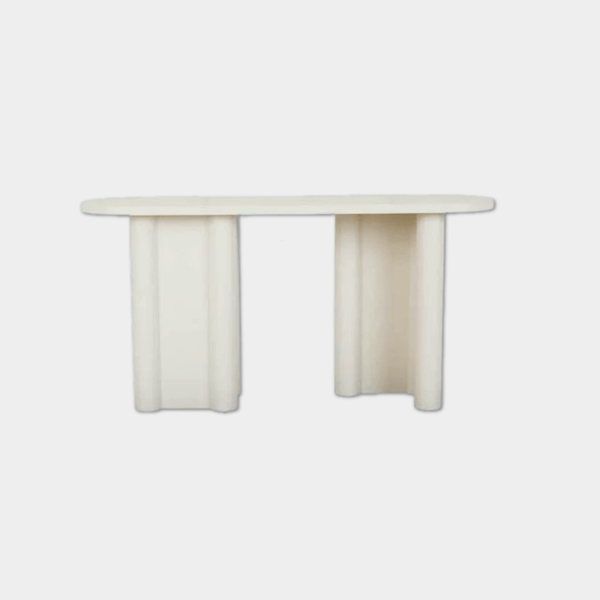 Magnus Console Table in porcelain finish with asymmetric base and rounded edges for modern interiors