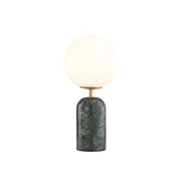 Soren Desk Lamp with green marble base, brass accents, and frosted glass shade
