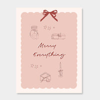 norsu STUDIO Christmas card with festive pink design and "Merry Everything" text