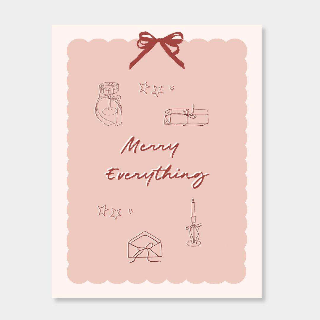 norsu STUDIO Christmas card with festive pink design and "Merry Everything" text