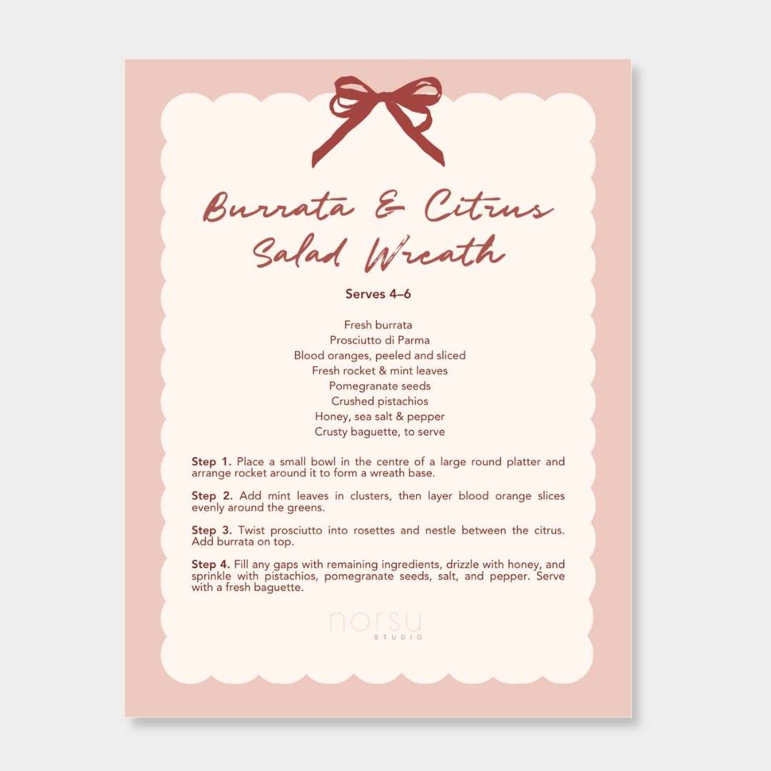 norsu STUDIO Christmas Card Merry Everything Blush with Star Cookies recipe, premium matte 350gsm, kraft envelope, 11x14 cm, made in Australia