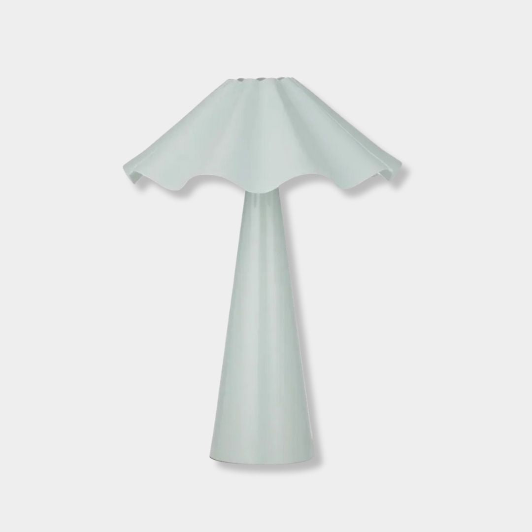 Grayson Table Lamp in seafoam with curved metal shade and base for cozy bedroom decor