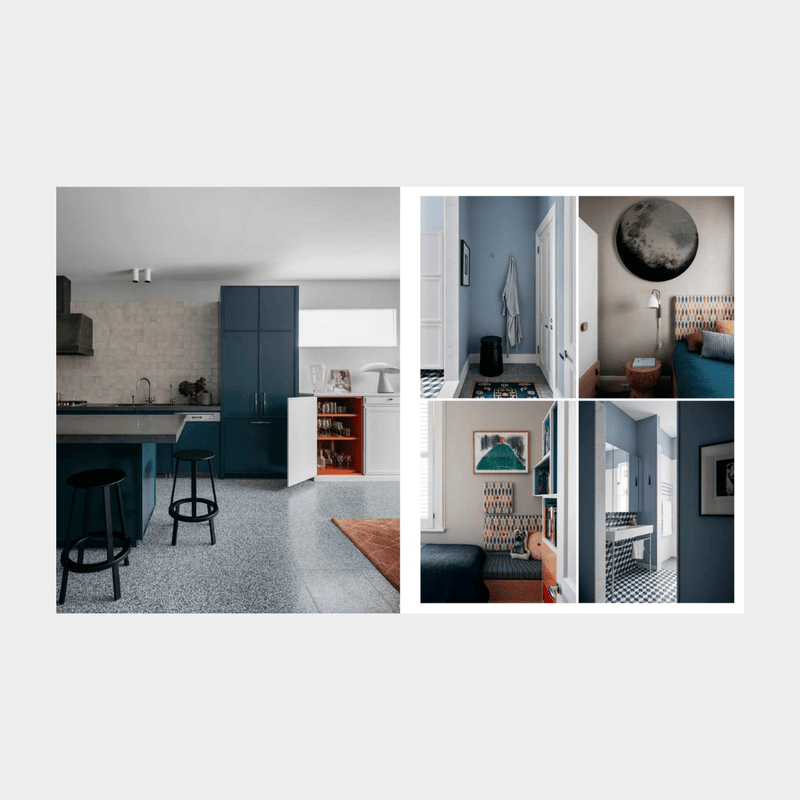 Modern interior collage featuring Arent & Pyke's use of muted blues, terrazzo flooring, and textured materials in stylish home design
