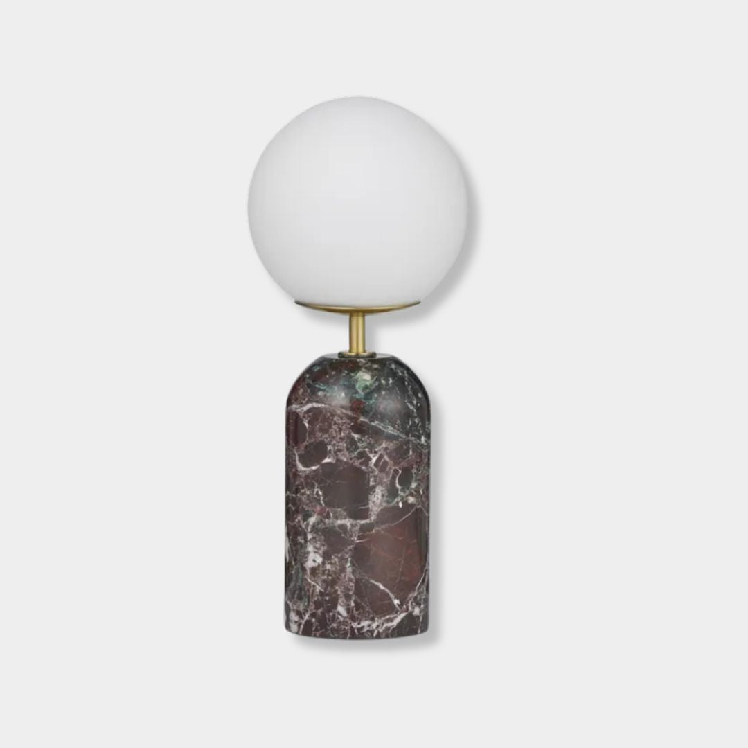 Tova Lamp Rosso Levanto with burgundy marble base and white opal glass shade