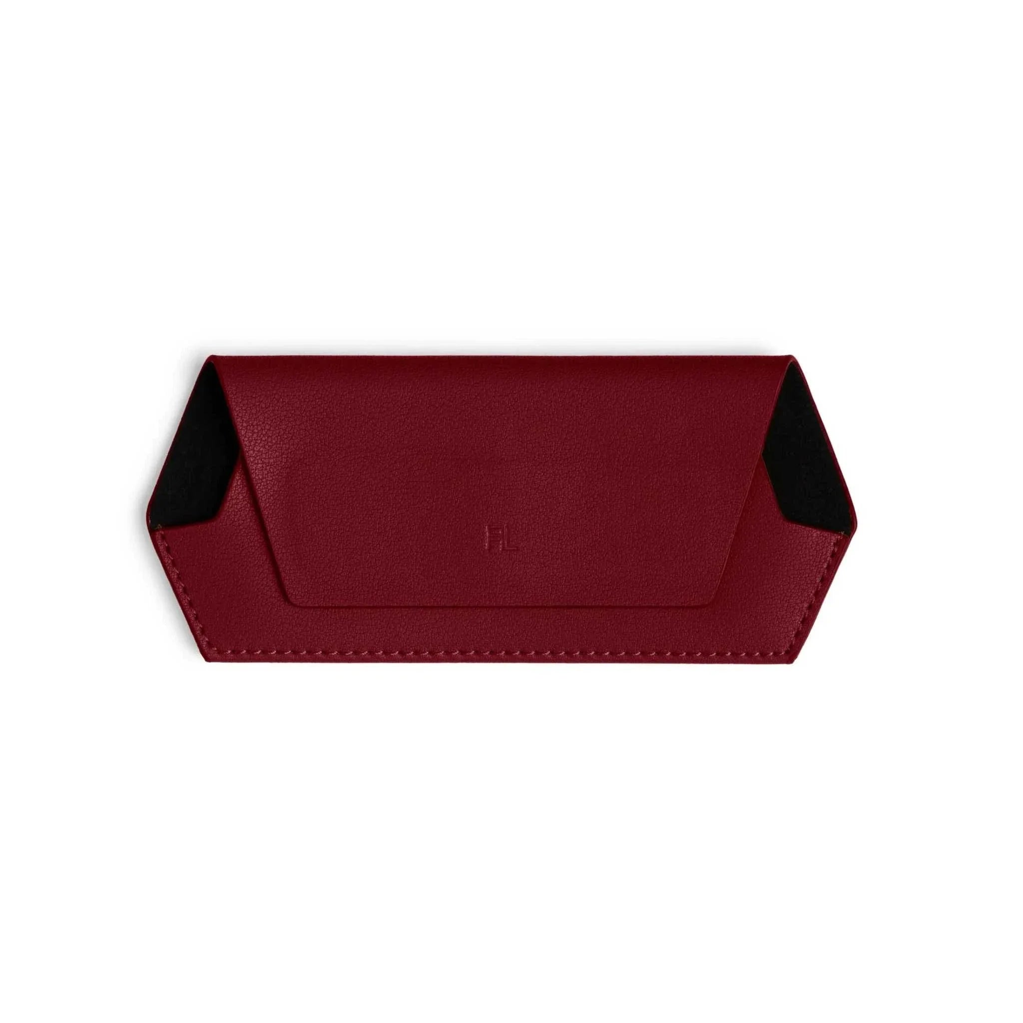Burgundy Fox and Leo glasses case made of 100% leather with a slim design and magnetic closure