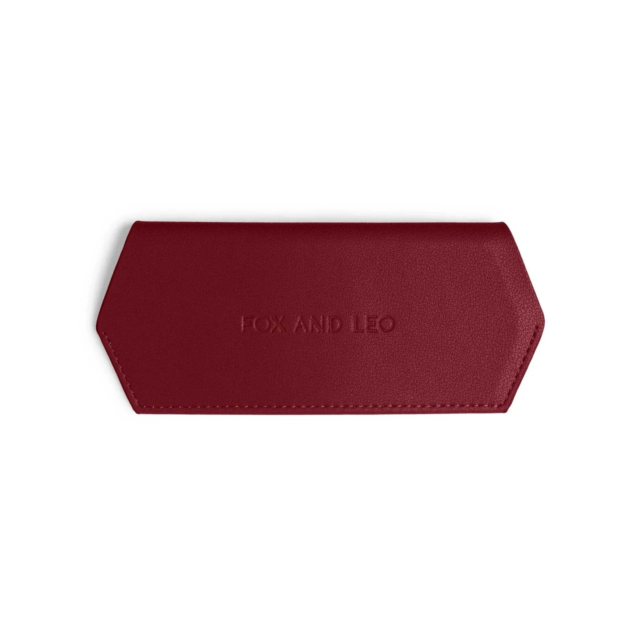 Burgundy Fox and Leo glasses case made of 100% leather with embossed logo and slim magnetic design