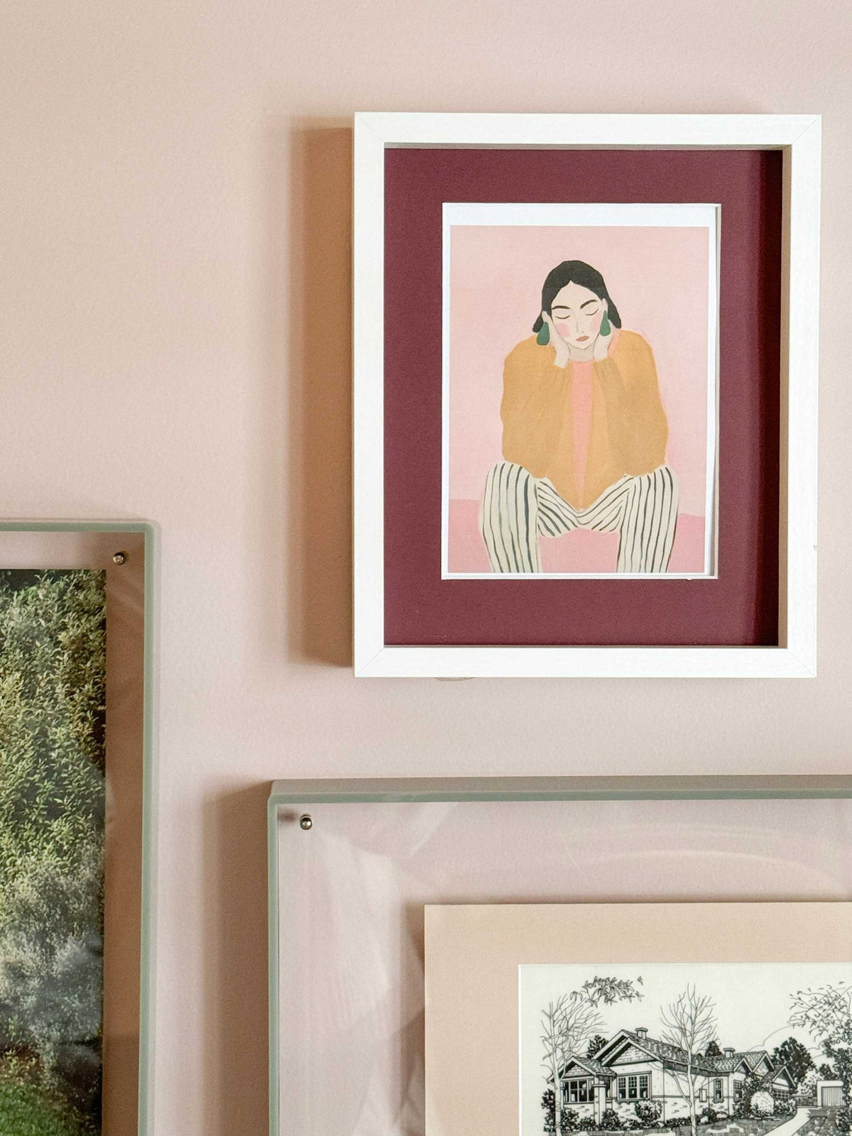 norsu STUDIO acrylic box gallery frame in sage showcasing art with durable clear acrylic and sandwich design for A3 prints