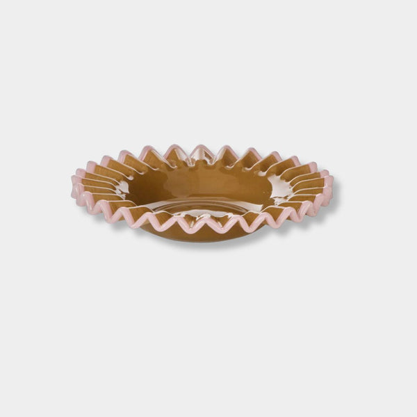 Amalfi Sigrid Frill Dish large mustard and pink hand-blown glass trinket dish with frilled rim