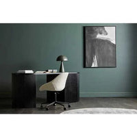 GlobeWest Benjamin Ripple Grand desk in putty ash veneer with oval shape, drawers, and cupboard in modern office setting