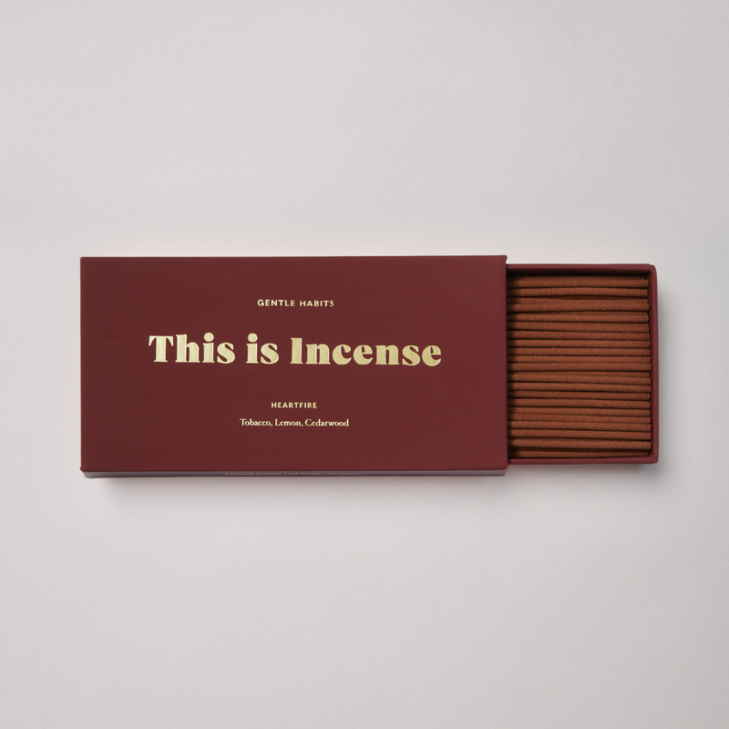 Gentle Habits This Is Incense Heartfire box with 60 hand dipped incense sticks - lemon, tobacco and cedarwood scent