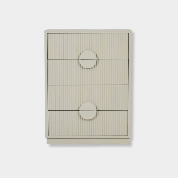 GlobeWest Benjamin Ripple Dresser in putty ash veneer with four ripple motif drawers and soft-close runners