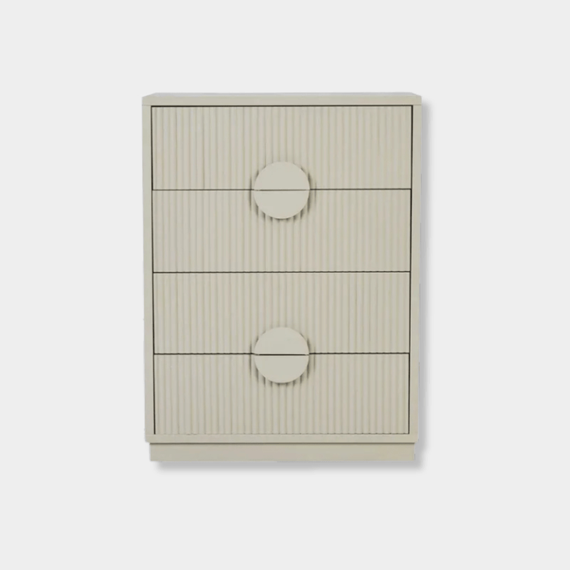 GlobeWest Benjamin Ripple Dresser in putty ash veneer with four ripple motif drawers and soft-close runners