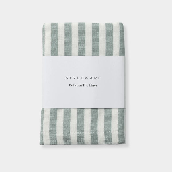 Styleware Between The Lines Tea Towel in matcha green and white stripes, 100% cotton, 75x50cm size, absorbent and stylish kitchen essential.
