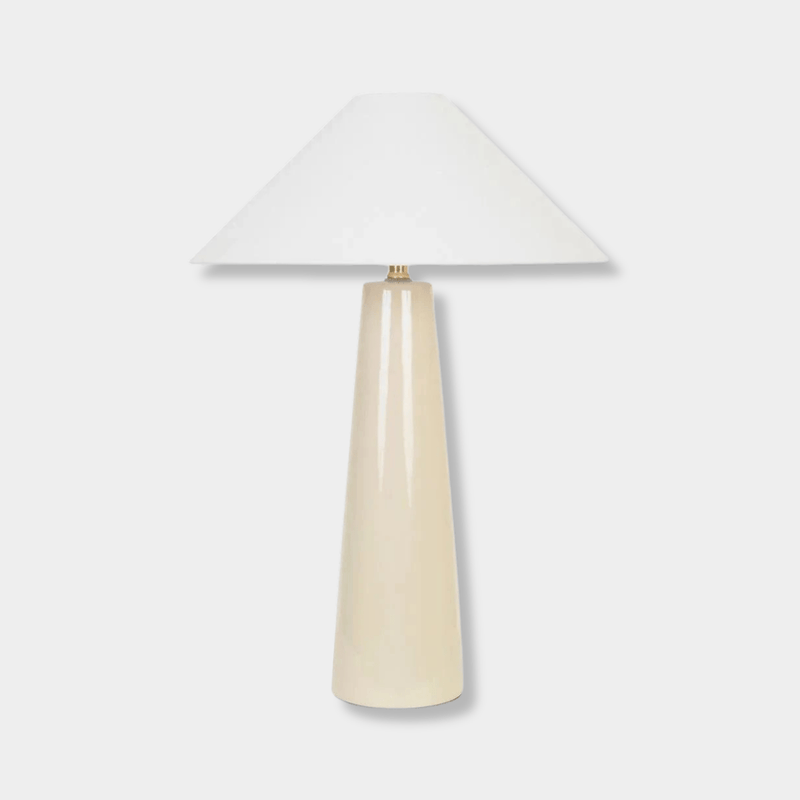 GlobeWest Lorne Canopy Table Lamp with beige ceramic base and white linen shade for modern home lighting