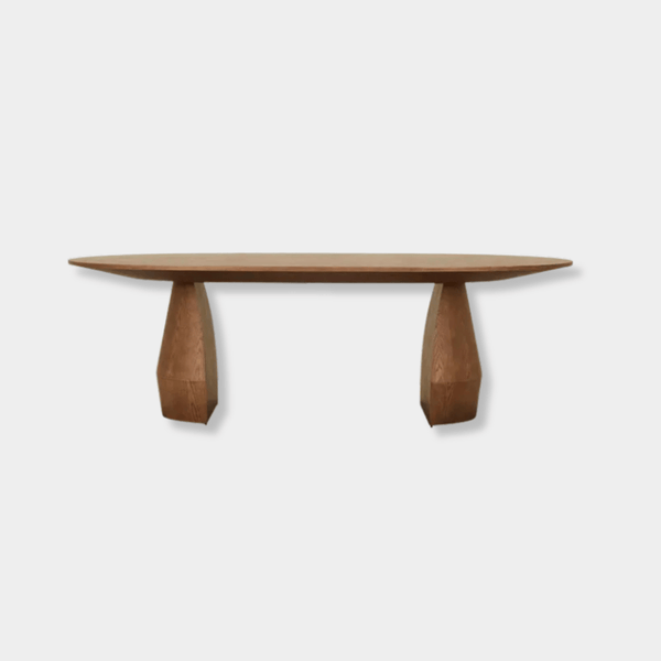 GlobeWest Bloom Oval Dining Table in smoked ash with oval top and bold symmetrical base, seating up to 8.