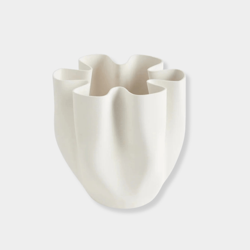 Bailey Decorative Vase white matte ceramic with unique wavy curved design, 26cm wide and 28cm tall, waterproof handcrafted sculpture.
