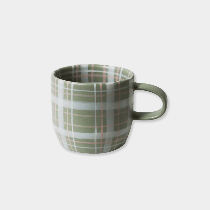 Robert Gordon Mug in sage and blush hand-painted check ceramic design with 350ml capacity and durable stoneware.