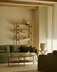 Ethnicraft Oak Bok Coffee Table - Oblong, styled in a room setting
