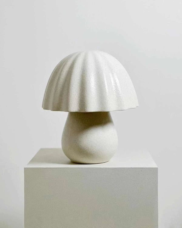 Robert Gordon Periwinkle Lamp handcrafted white ceramic table lamp with mushroom-shaped shade and reactive glaze finish
