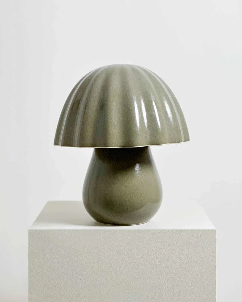 Robert Gordon Periwinkle Lamp olive green handcrafted ceramic table lamp with dome-shaped shade and unique reactive glaze finish